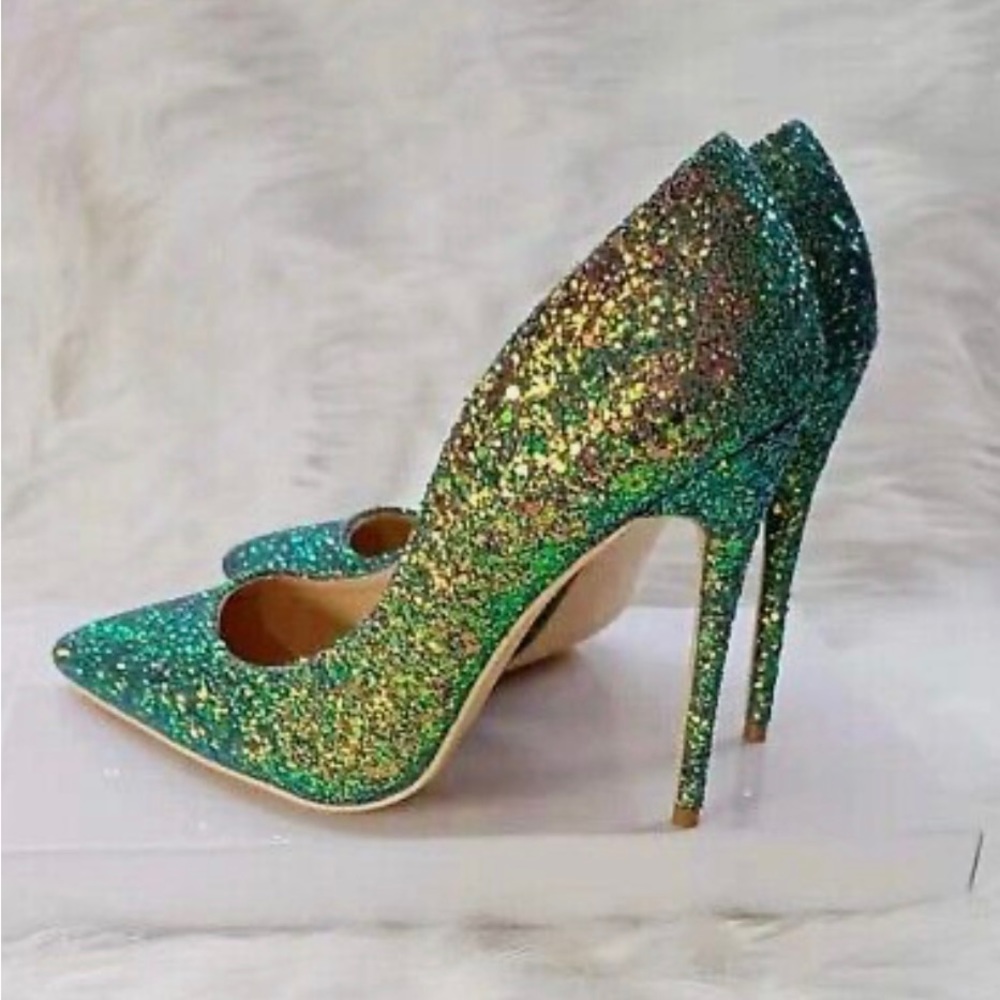 Mermaid (blue-green iridescent) glitter pointed toe stilettos, new in box